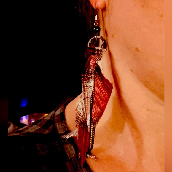 ⚫️Farmhouse Bling Plaid Fabric Rustic Boho Tassel Earring Shoulder Dusters OOAK - Picture 9 of 10